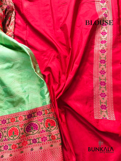 Pastel Green Jamdani Kadiyal Meenakari Red Border Handloom Banarasi Pure Katan Silk Saree