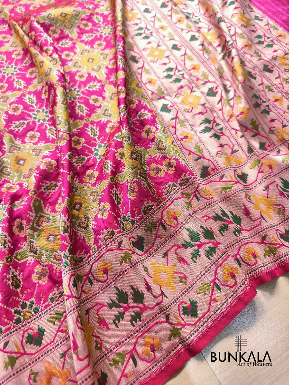 Fushia Pink Patola Banarasi Meenakari Ashavali Border Handwoven Tilfi Pure Katan Silk Saree