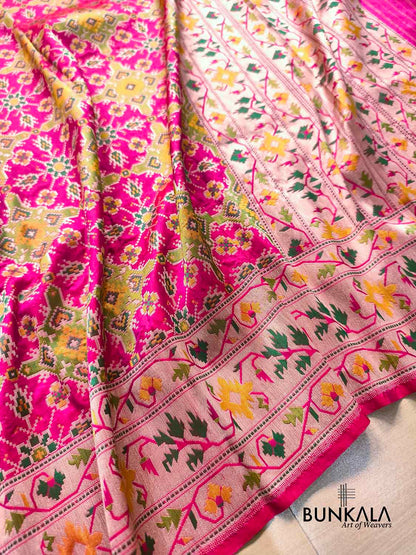 Fushia Pink Patola Banarasi Meenakari Ashavali Border Handwoven Tilfi Pure Katan Silk Saree