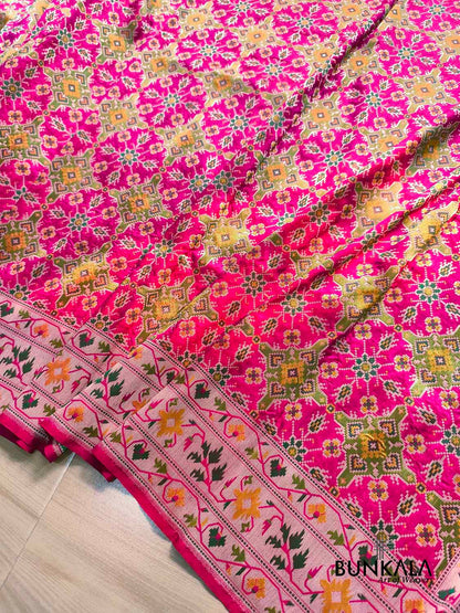 Fushia Pink Patola Banarasi Meenakari Ashavali Border Handwoven Tilfi Pure Katan Silk Saree