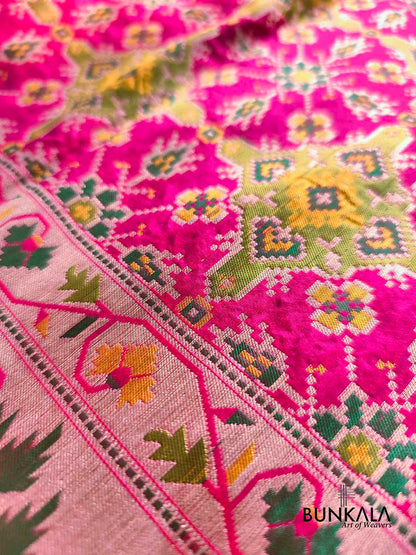 Fushia Pink Patola Banarasi Meenakari Ashavali Border Handwoven Tilfi Pure Katan Silk Saree