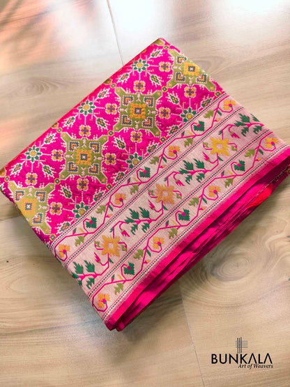 Fushia Pink Patola Banarasi Meenakari Ashavali Border Handwoven Tilfi Pure Katan Silk Saree