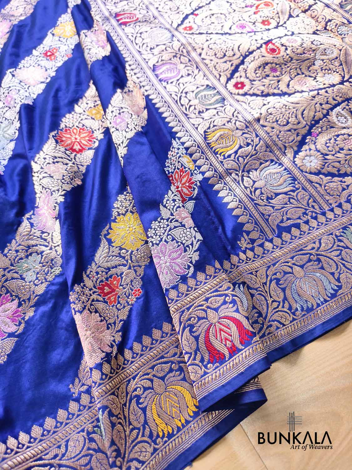 Royal Blue Leheriya Ada Stripes Meenakari Kadwa Handweaved Banarasi Pure Katan Silk Saree
