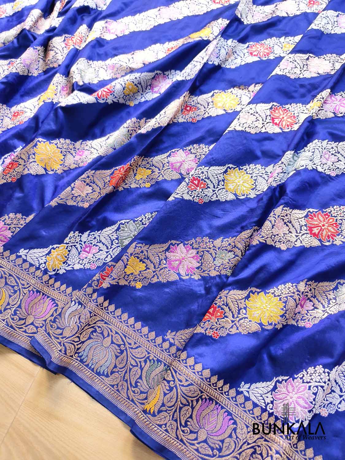 Royal Blue Leheriya Ada Stripes Meenakari Kadwa Handweaved Banarasi Pure Katan Silk Saree