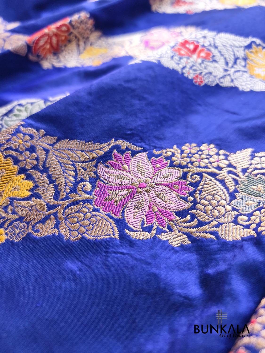 Royal Blue Leheriya Ada Stripes Meenakari Kadwa Handweaved Banarasi Pure Katan Silk Saree