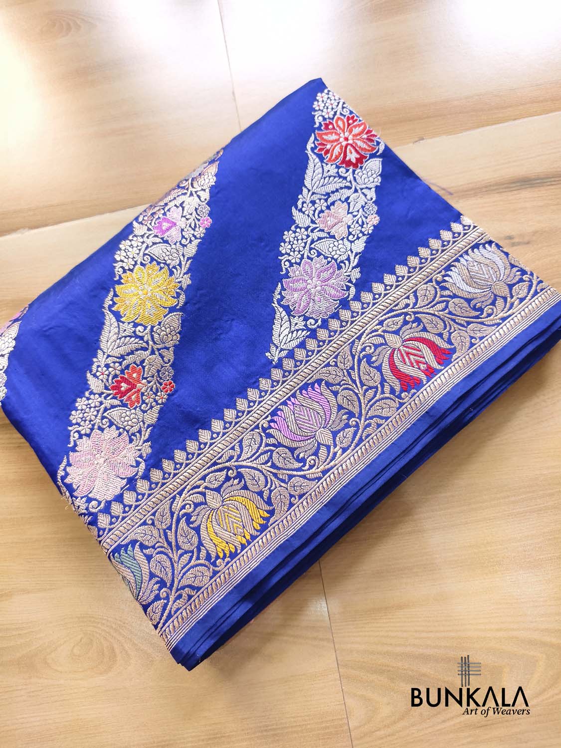 Royal Blue Leheriya Ada Stripes Meenakari Kadwa Handweaved Banarasi Pure Katan Silk Saree