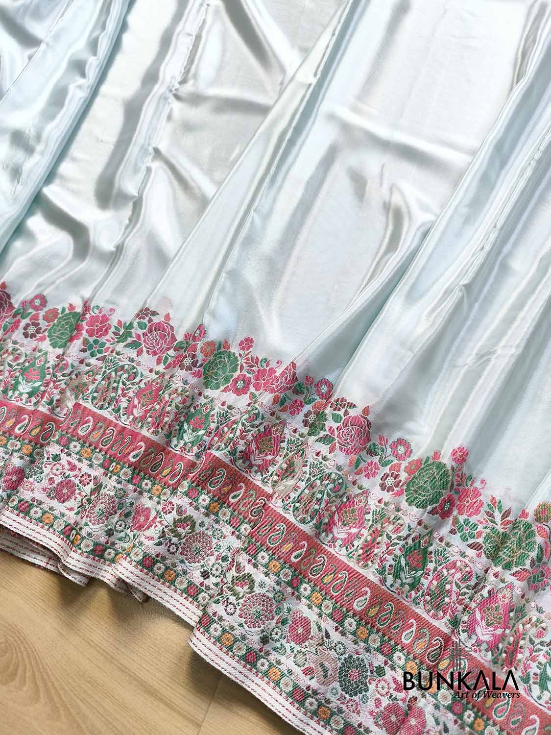 Ice Blue Pashmina Meenakari Weaved Plain Banarasi Mashru Silk Saree