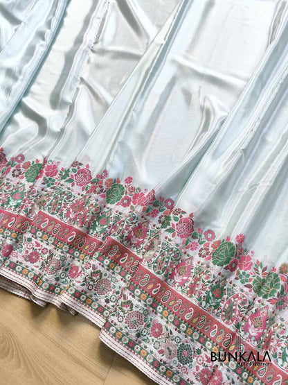 Ice Blue Pashmina Meenakari Weaved Plain Banarasi Mashru Silk Saree