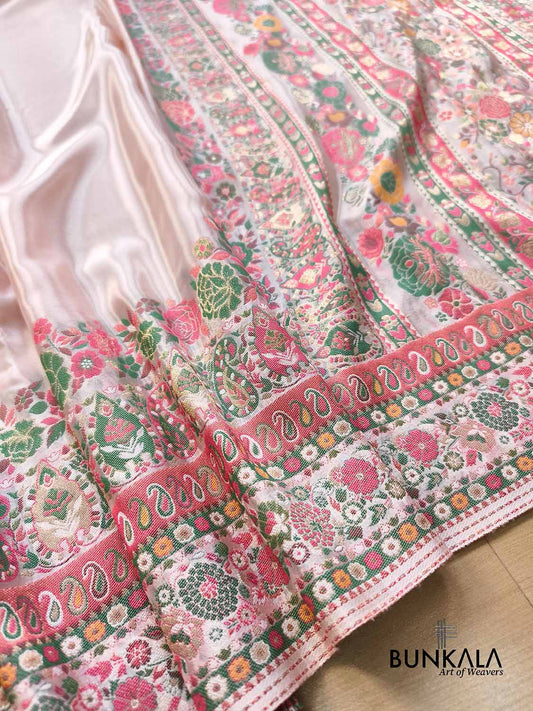 Rose Pink Pashmina Meenakari Weaved Plain Banarasi Mashru Silk Saree