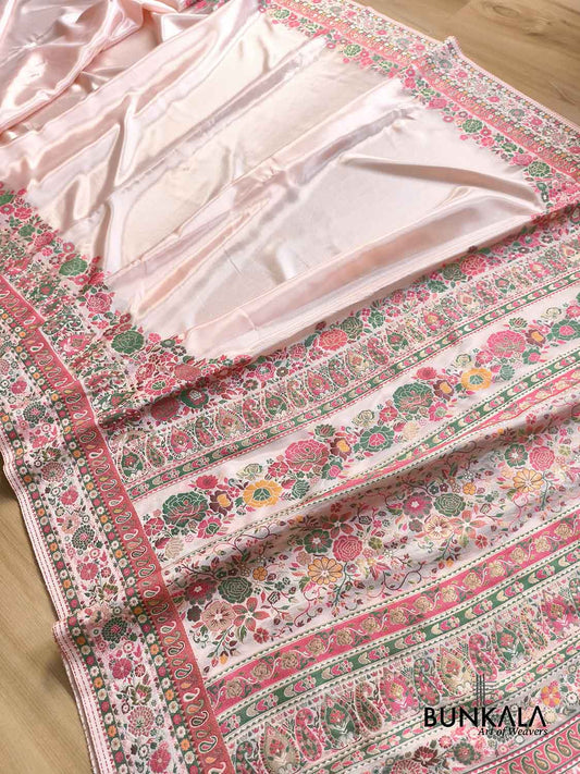 Rose Pink Pashmina Meenakari Weaved Plain Banarasi Mashru Silk Saree