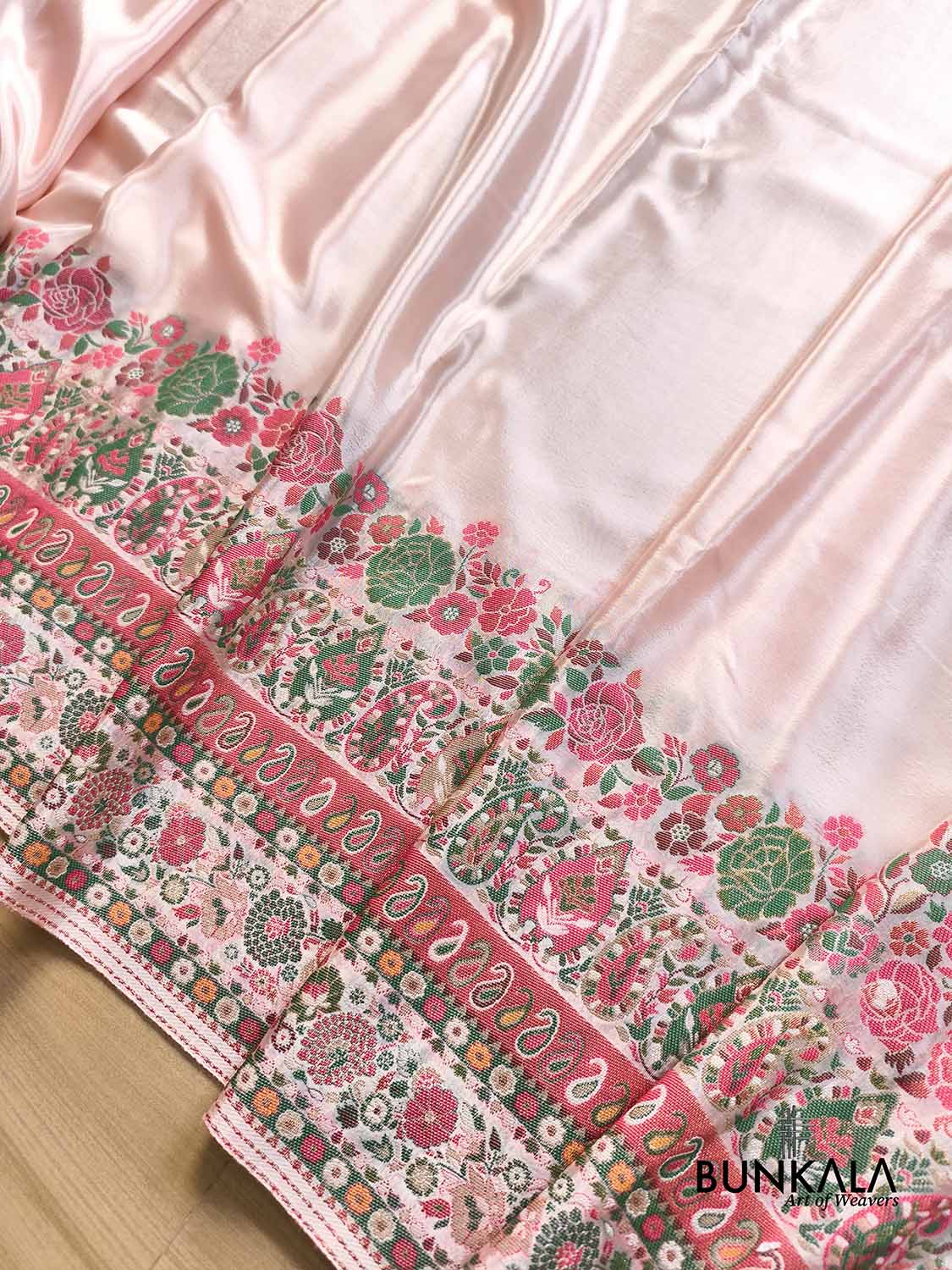 Rose Pink Pashmina Meenakari Weaved Plain Banarasi Mashru Silk Saree