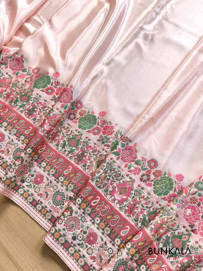 Rose Pink Pashmina Meenakari Weaved Plain Banarasi Mashru Silk Saree