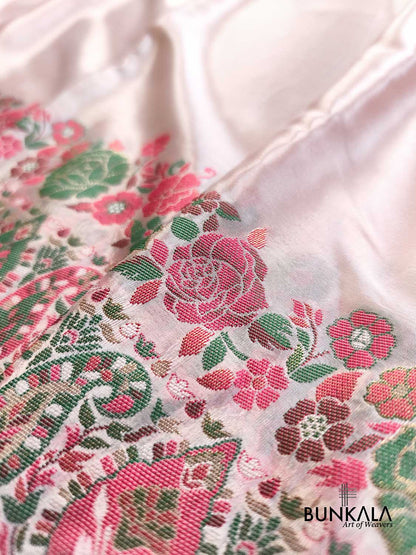 Rose Pink Pashmina Meenakari Weaved Plain Banarasi Mashru Silk Saree