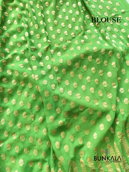 Ombre Parrot Green Rose Motif All Over Handloom Banarasi Pure Georgette Silk Saree