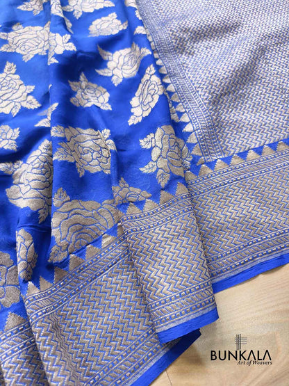 Ombre Royal Blue Rose Motif All Over Handloom Banarasi Pure Georgette Silk Saree