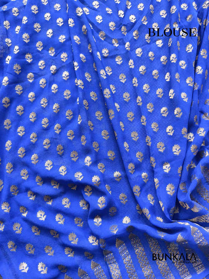 Ombre Royal Blue Rose Motif All Over Handloom Banarasi Pure Georgette Silk Saree