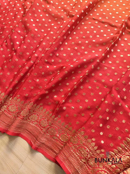 Ombre Red & Orange Polka Dot Floral Border Handloom Banarasi Pure Georgette Silk Saree