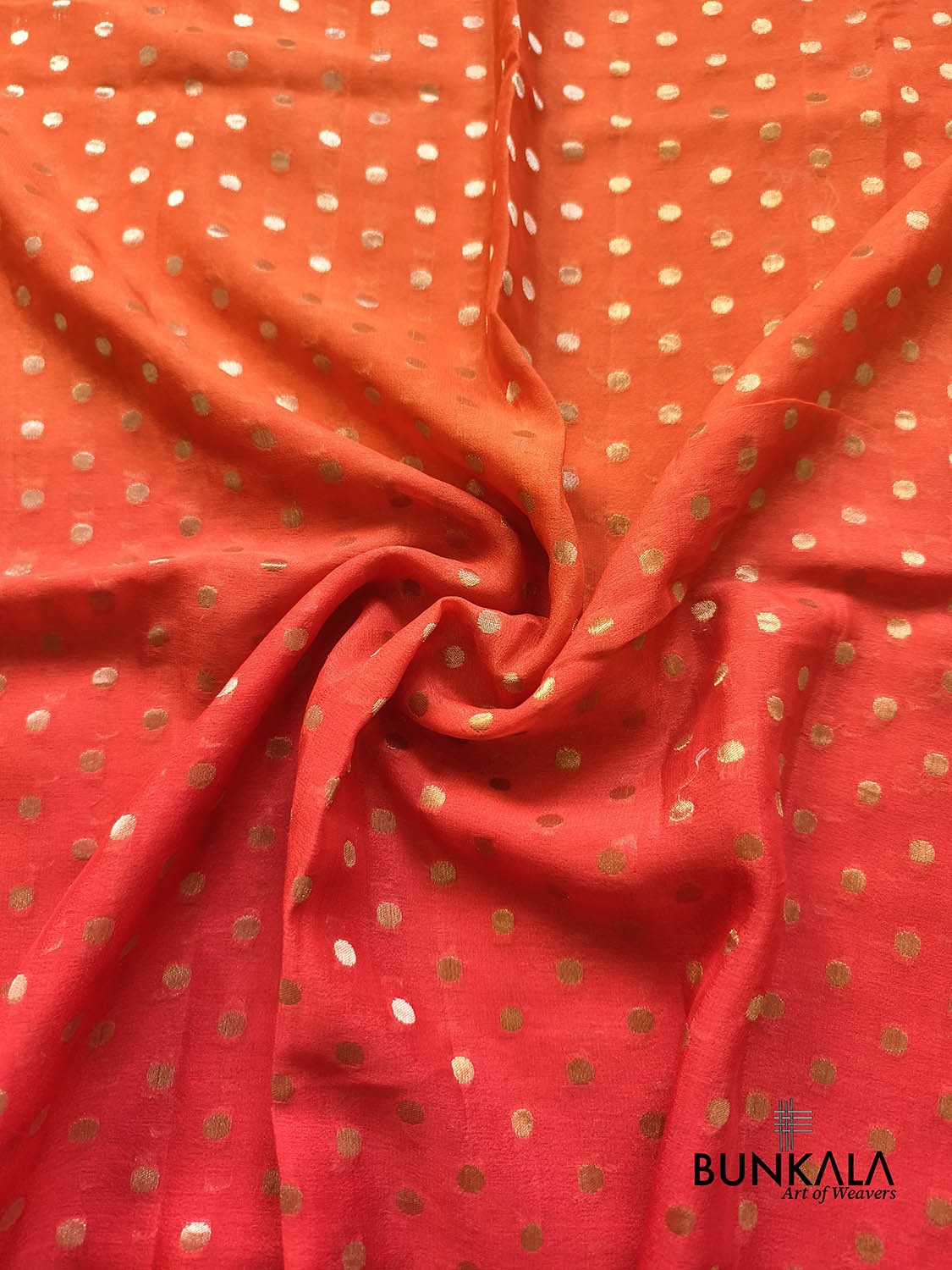 Ombre Red & Orange Polka Dot Floral Border Handloom Banarasi Pure Georgette Silk Saree