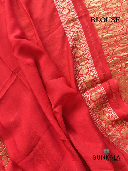 Ombre Red & Orange Polka Dot Floral Border Handloom Banarasi Pure Georgette Silk Saree