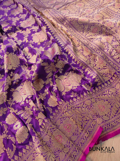 Purple Handweaved Kadwa Jangla Design Meenakari Pure Katan Silk Banarasi Saree
