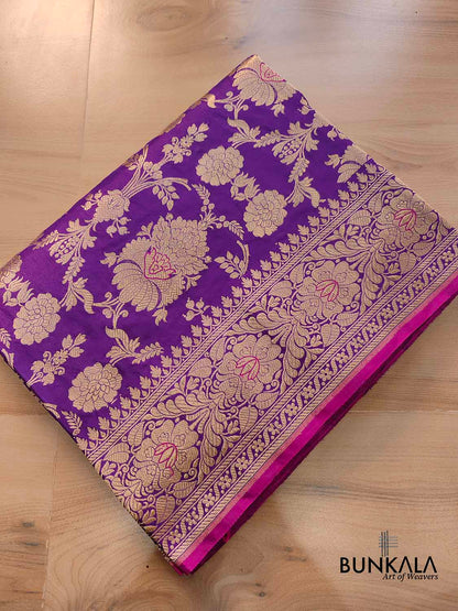 Purple Handweaved Kadwa Jangla Design Meenakari Pure Katan Silk Banarasi Saree