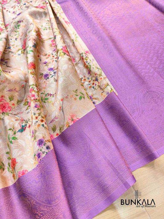 Lavender Digital Floral Printed Tanchui Banarasi Silk Saree