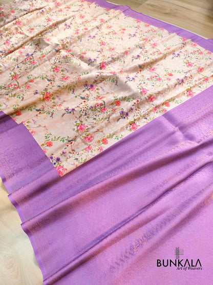 Lavender Digital Floral Printed Tanchui Banarasi Silk Saree