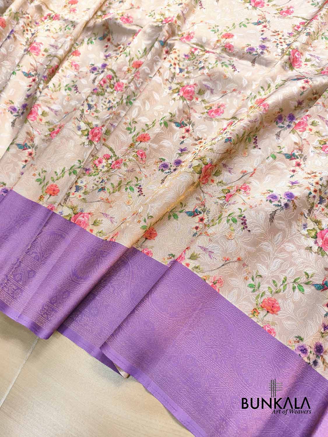 Lavender Digital Floral Printed Tanchui Banarasi Silk Saree