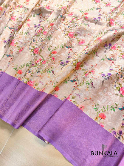 Lavender Digital Floral Printed Tanchui Banarasi Silk Saree
