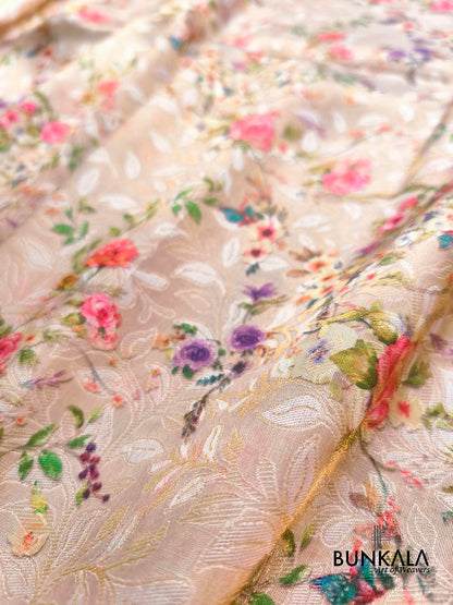 Lavender Digital Floral Printed Tanchui Banarasi Silk Saree