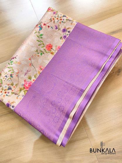 Lavender Digital Floral Printed Tanchui Banarasi Silk Saree