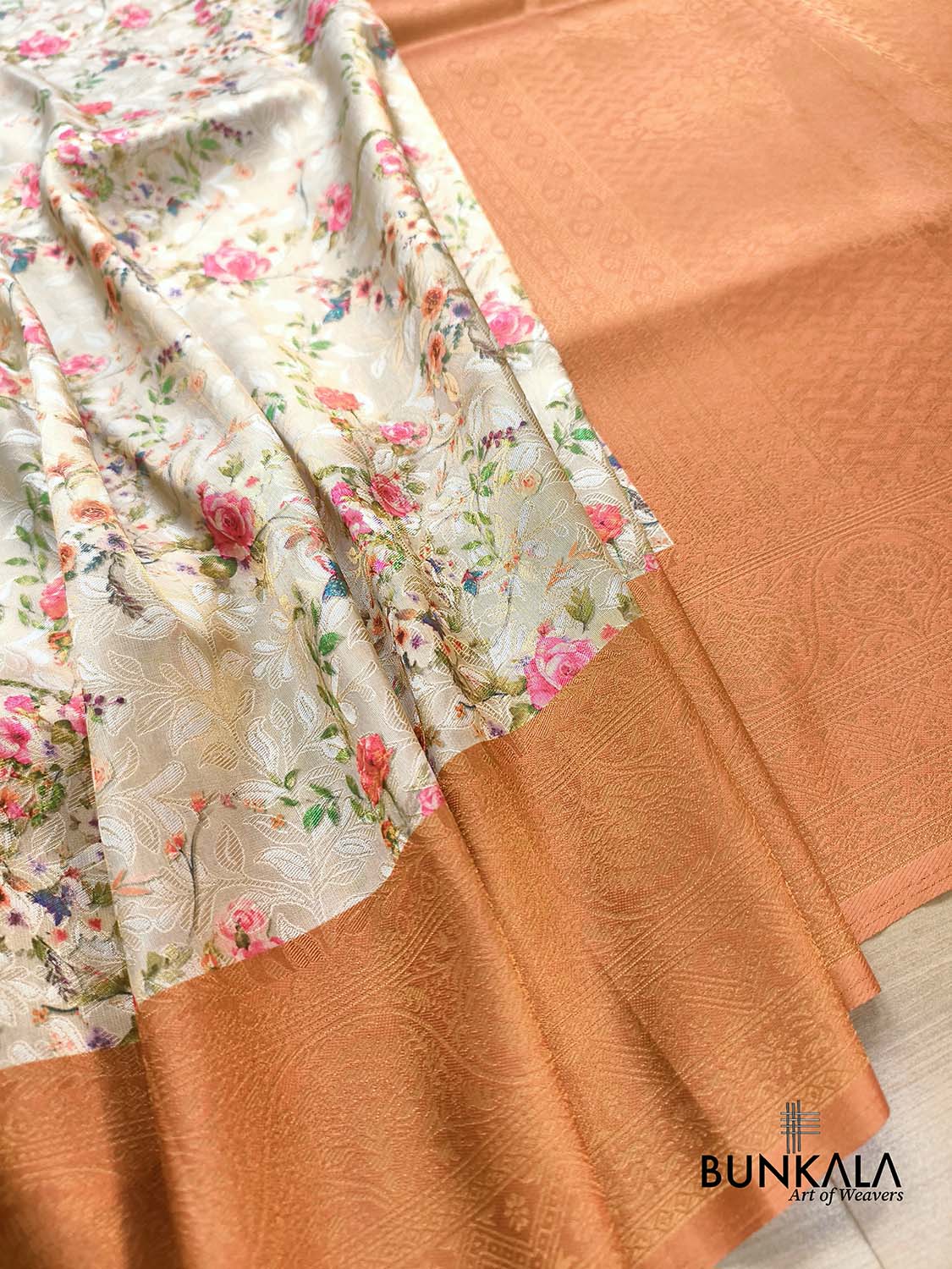 Orange Digital Floral Printed Tanchui Banarasi Silk Saree