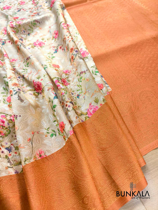 Orange Digital Floral Printed Tanchui Banarasi Silk Saree