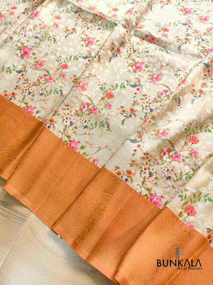 Orange Digital Floral Printed Tanchui Banarasi Silk Saree