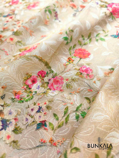 Orange Digital Floral Printed Tanchui Banarasi Silk Saree