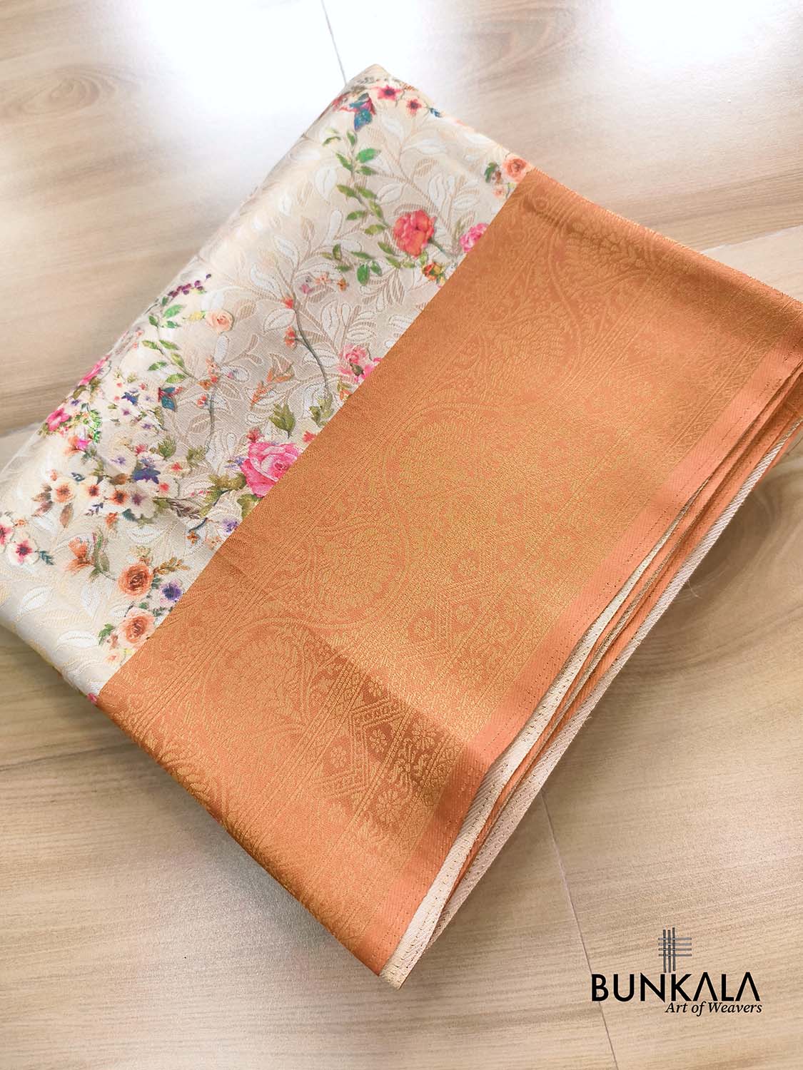Orange Digital Floral Printed Tanchui Banarasi Silk Saree