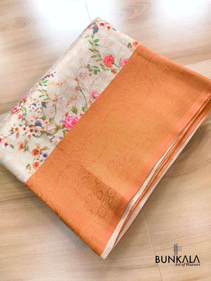 Orange Digital Floral Printed Tanchui Banarasi Silk Saree