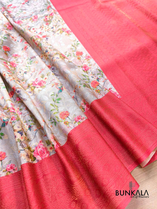 Red Digital Floral Printed Tanchui Banarasi Silk Saree