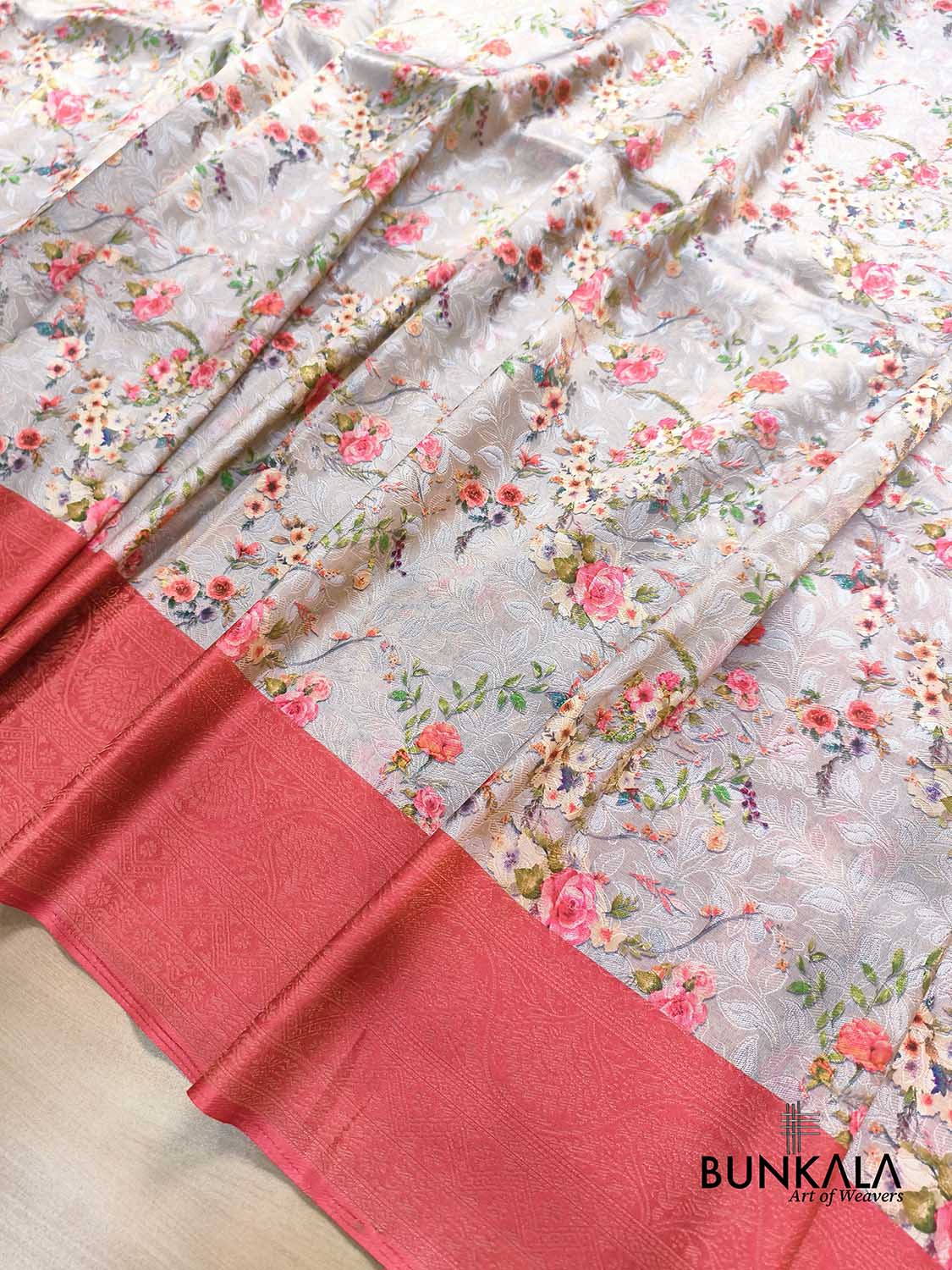 Red Digital Floral Printed Tanchui Banarasi Silk Saree