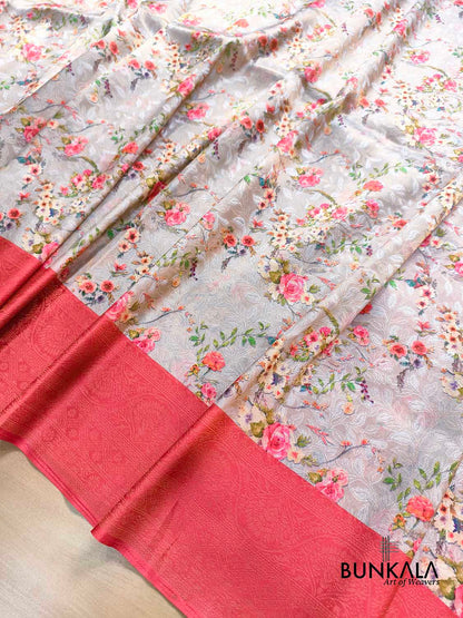 Red Digital Floral Printed Tanchui Banarasi Silk Saree