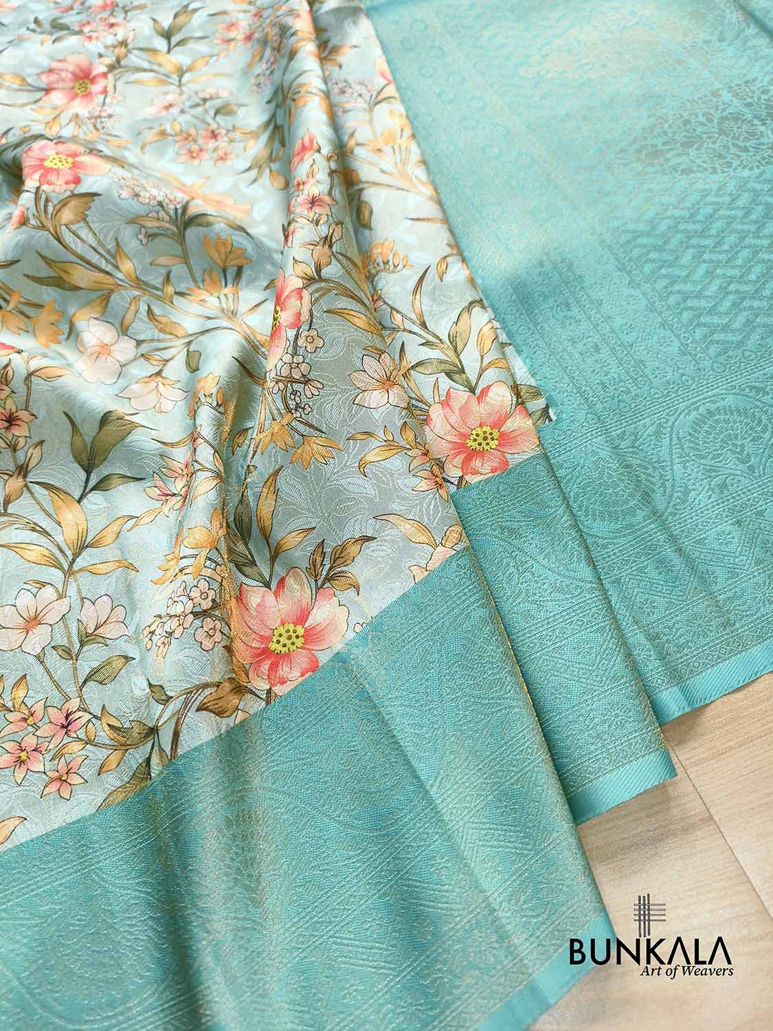 Aqua Blue Digital Floral Printed Tanchui Banarasi Silk Saree
