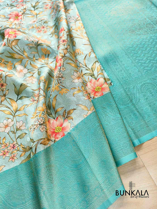 Aqua Blue Digital Floral Printed Tanchui Banarasi Silk Saree