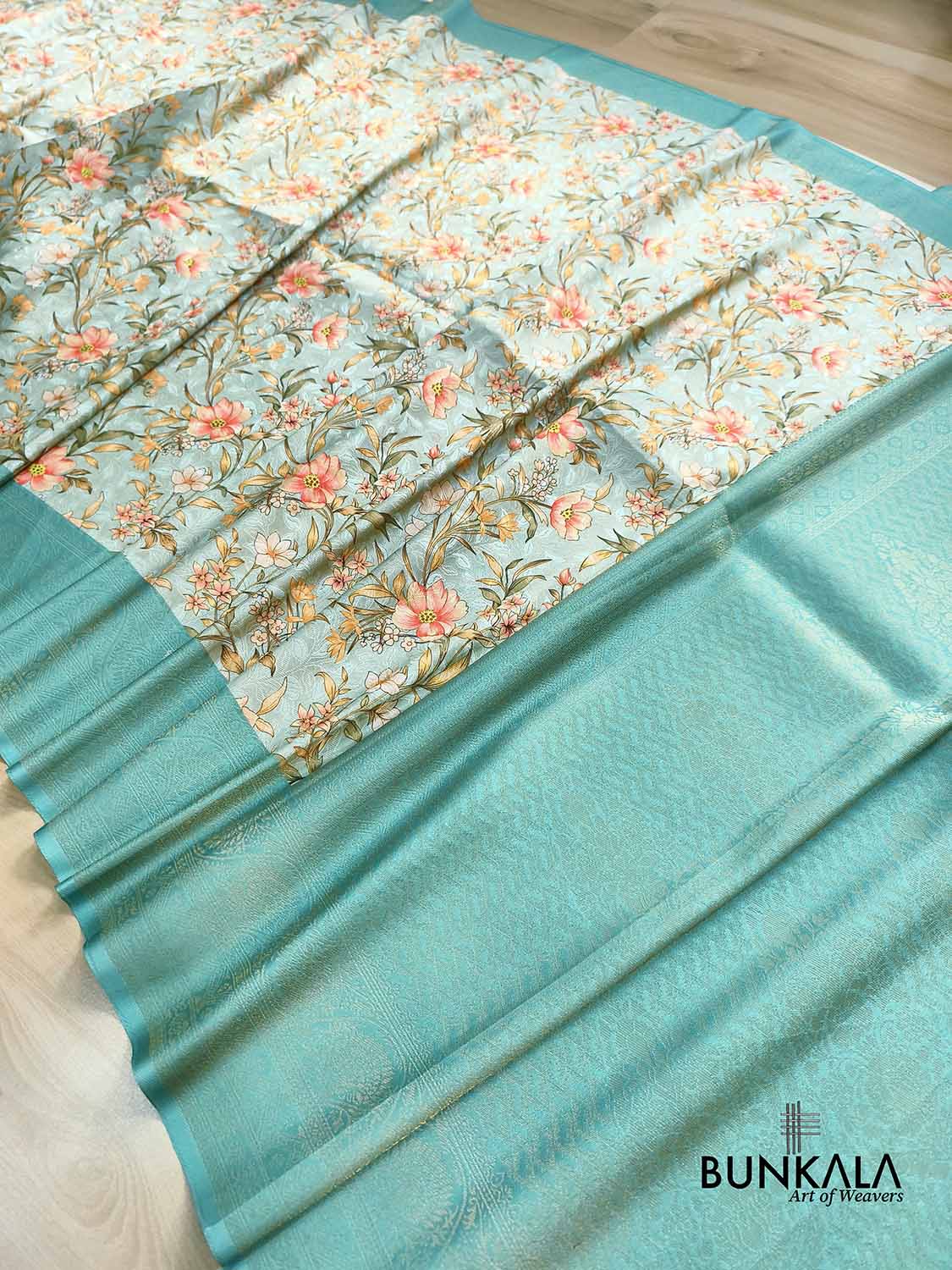 Aqua Blue Digital Floral Printed Tanchui Banarasi Silk Saree