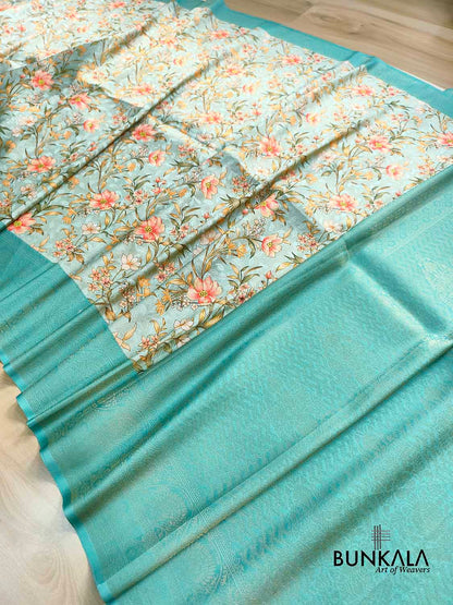Aqua Blue Digital Floral Printed Tanchui Banarasi Silk Saree