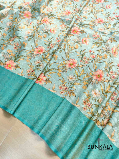 Aqua Blue Digital Floral Printed Tanchui Banarasi Silk Saree