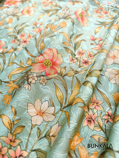 Aqua Blue Digital Floral Printed Tanchui Banarasi Silk Saree
