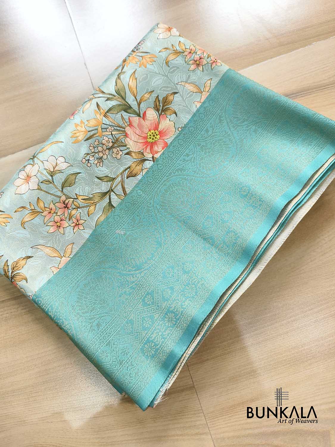 Aqua Blue Digital Floral Printed Tanchui Banarasi Silk Saree