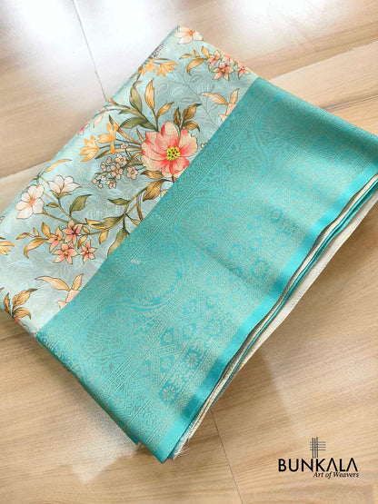 Aqua Blue Digital Floral Printed Tanchui Banarasi Silk Saree