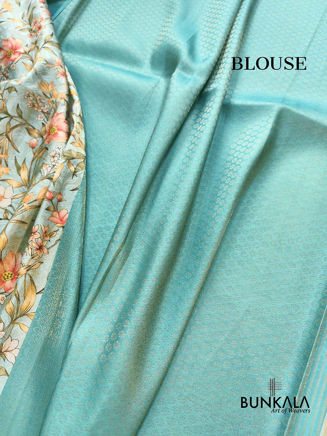 Aqua Blue Digital Floral Printed Tanchui Banarasi Silk Saree