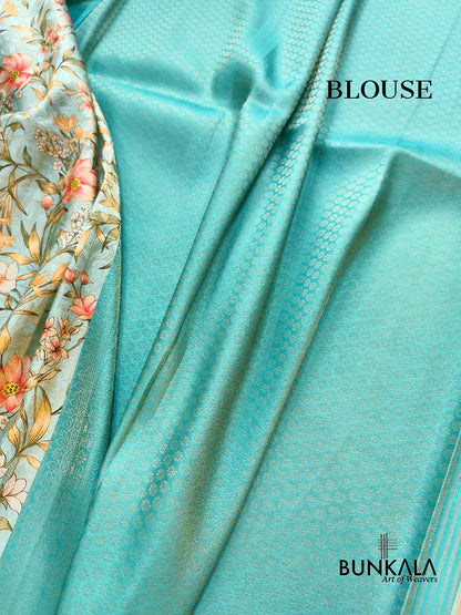 Aqua Blue Digital Floral Printed Tanchui Banarasi Silk Saree